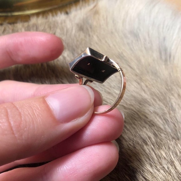 Antique sterling silver and 9k gold Victorian onyx mourning ring - Picture 5 of 5